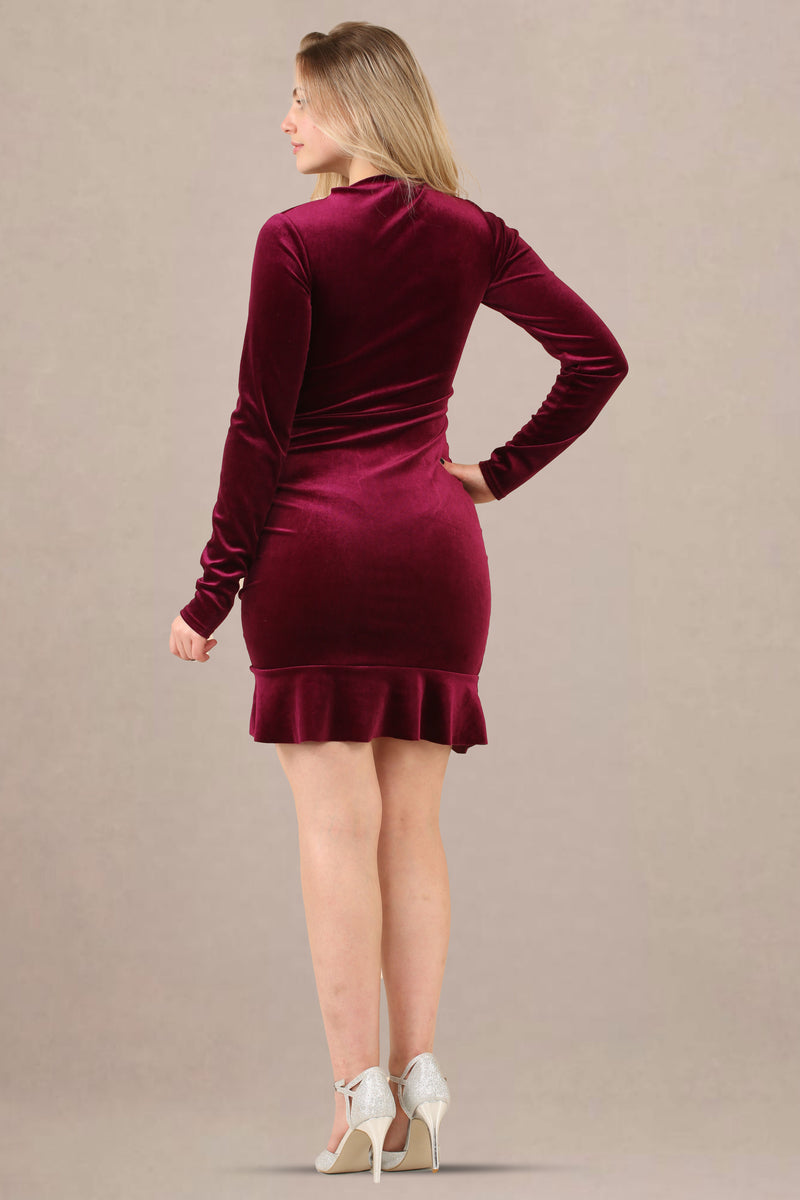 Avinci Burgundy Velvet Ruched Mini Dress with Frilled Hem - Mini Dress - Avinci
