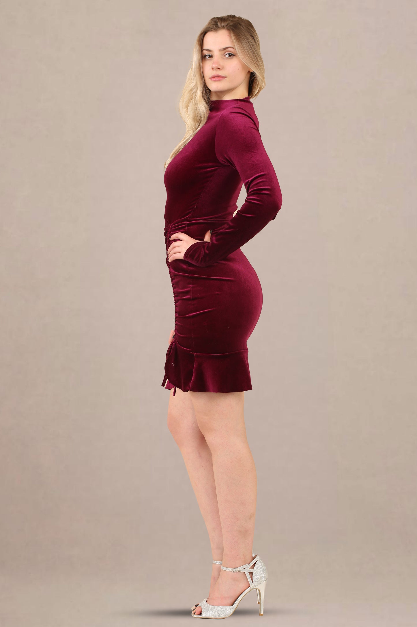 Avinci Burgundy Velvet Ruched Mini Dress with Frilled Hem