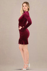 Avinci Burgundy Velvet Ruched Mini Dress with Frilled Hem - Mini Dress - Avinci