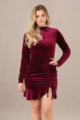 Avinci Burgundy Velvet Ruched Mini Dress with Frilled Hem - Mini Dress - Avinci