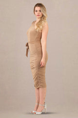 Avinci Beige Slinky Wrap Dress with Long Sleeves