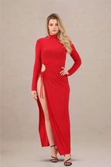 Ruched Cut-Out High Neck Thigh Slit Maxi Dress