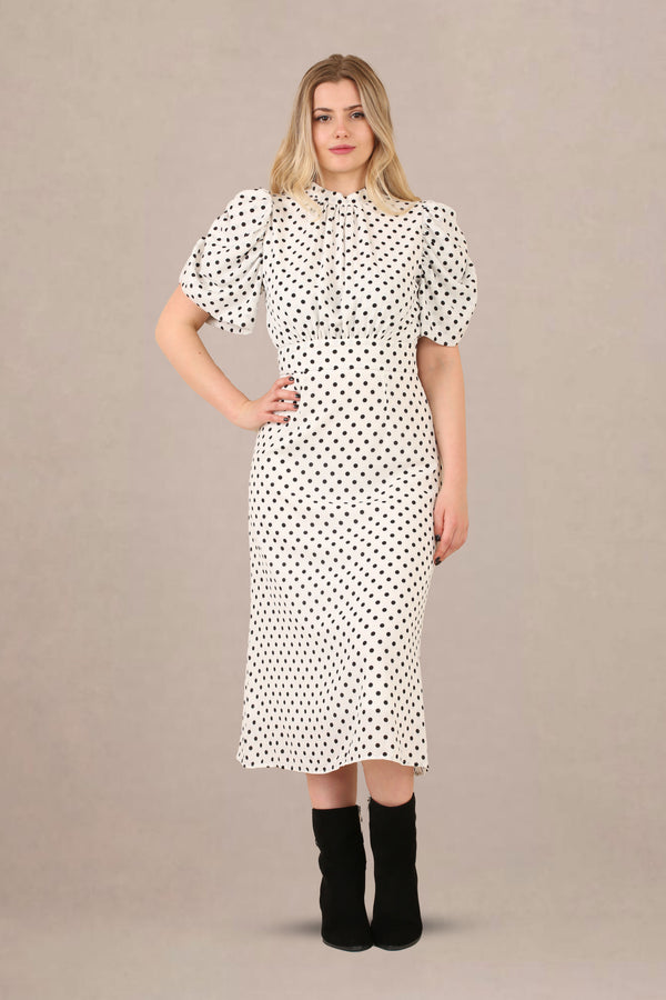 Avinci Polka Dot Midi Dress with High Collar & Puffy Sleeves