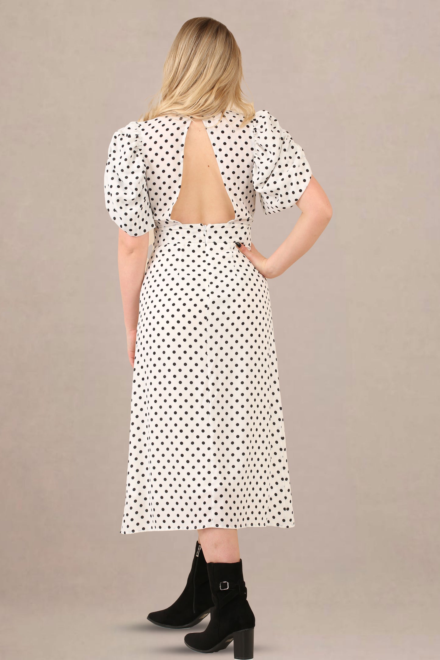 Avinci Polka Dot Midi Dress with High Collar & Puffy Sleeves