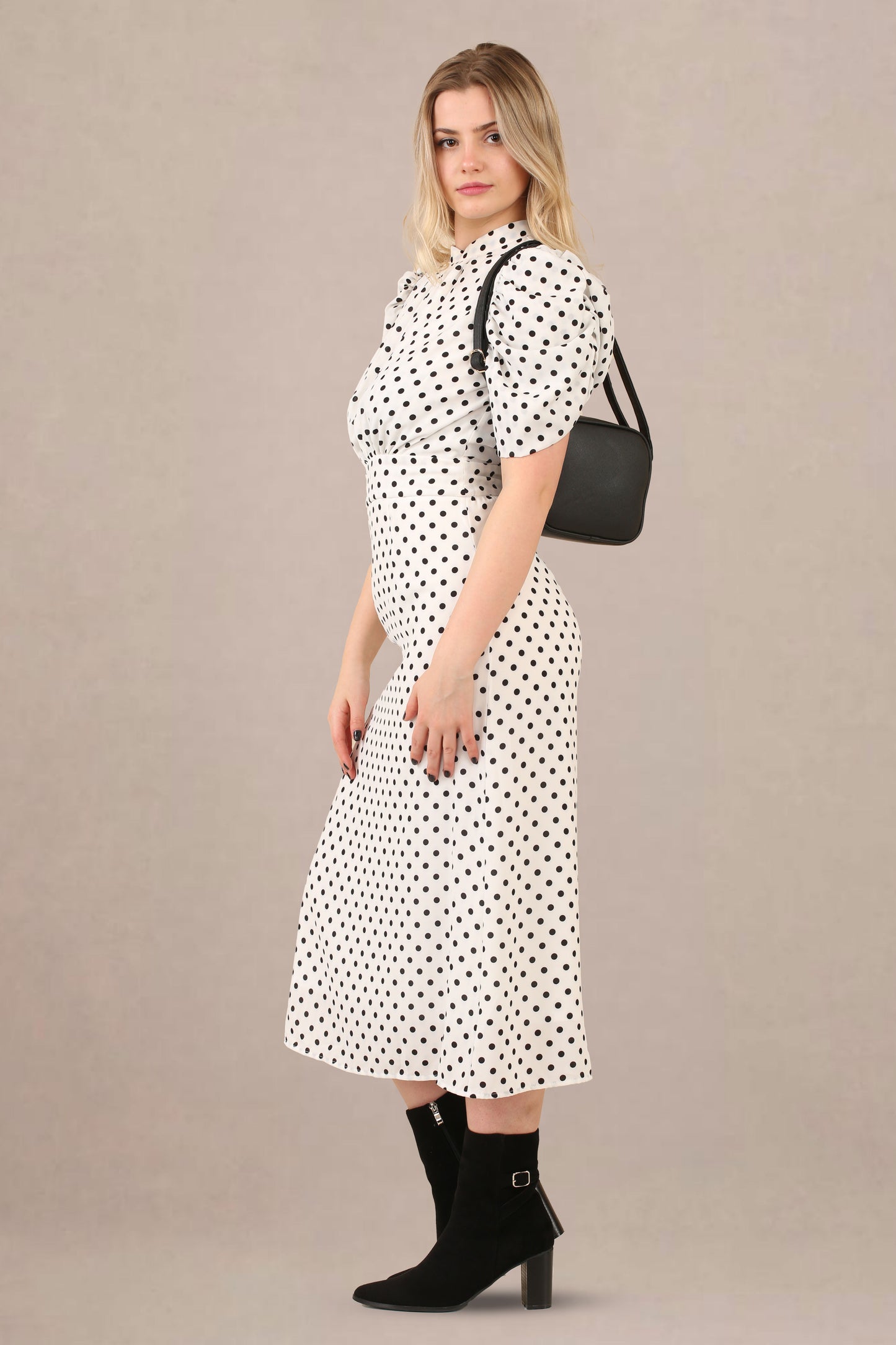 Avinci Polka Dot Midi Dress with High Collar & Puffy Sleeves