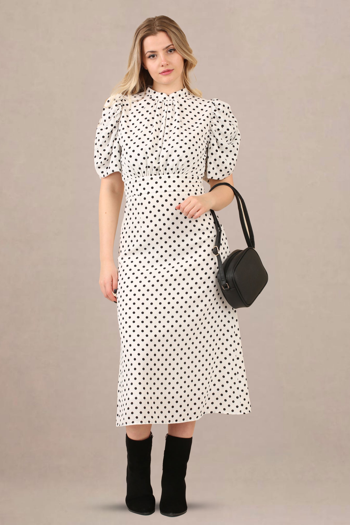 Avinci Polka Dot Midi Dress with High Collar & Puffy Sleeves