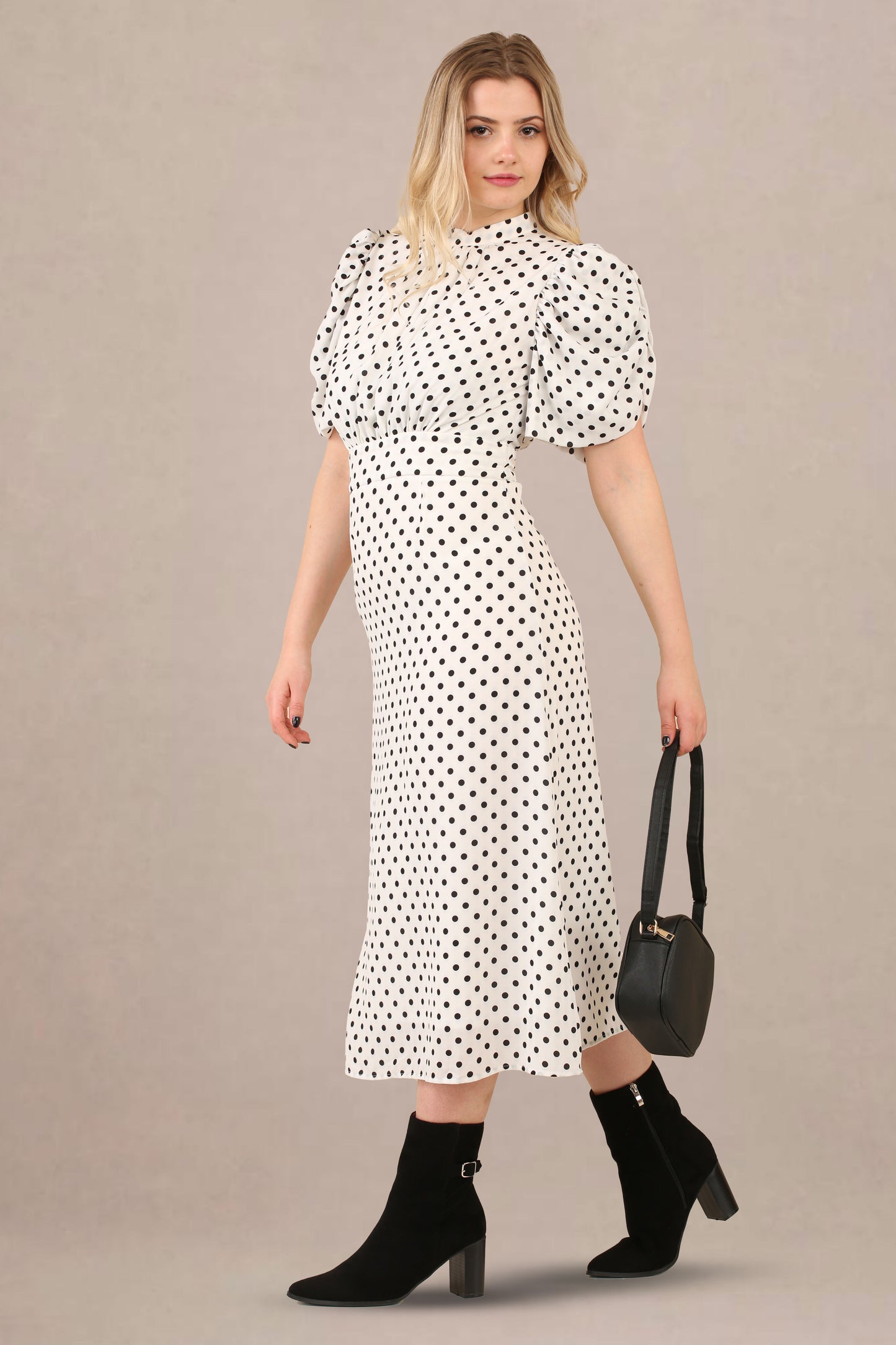 Avinci Polka Dot Midi Dress with High Collar & Puffy Sleeves