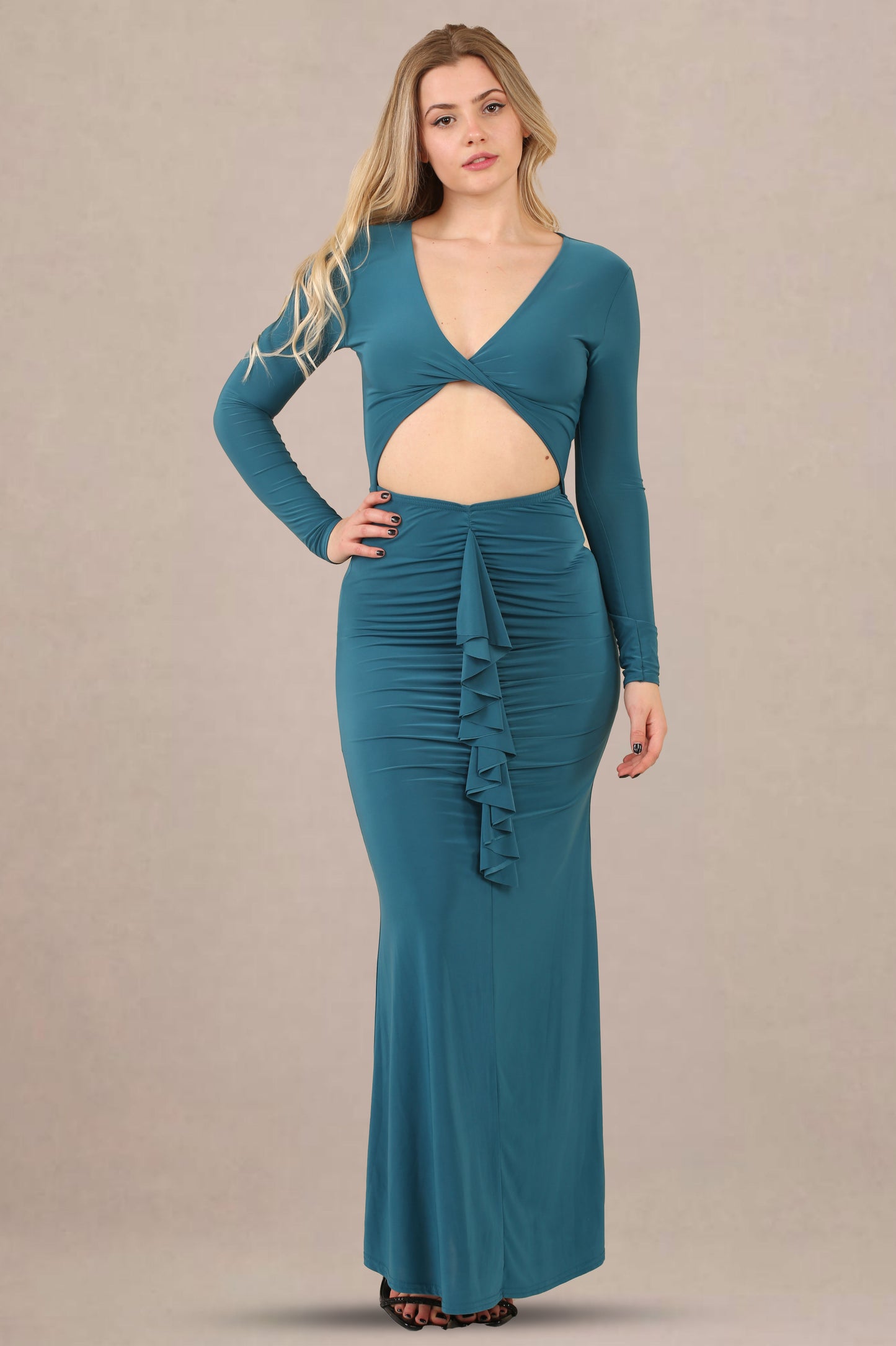 Avinci Blue Slinky Ruched Long Sleeve Maxi Dress