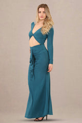 Avinci Blue Slinky Ruched Long Sleeve Maxi Dress - Maxi Dress - Avinci