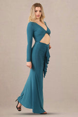 Avinci Blue Slinky Ruched Long Sleeve Maxi Dress - Maxi Dress - Avinci