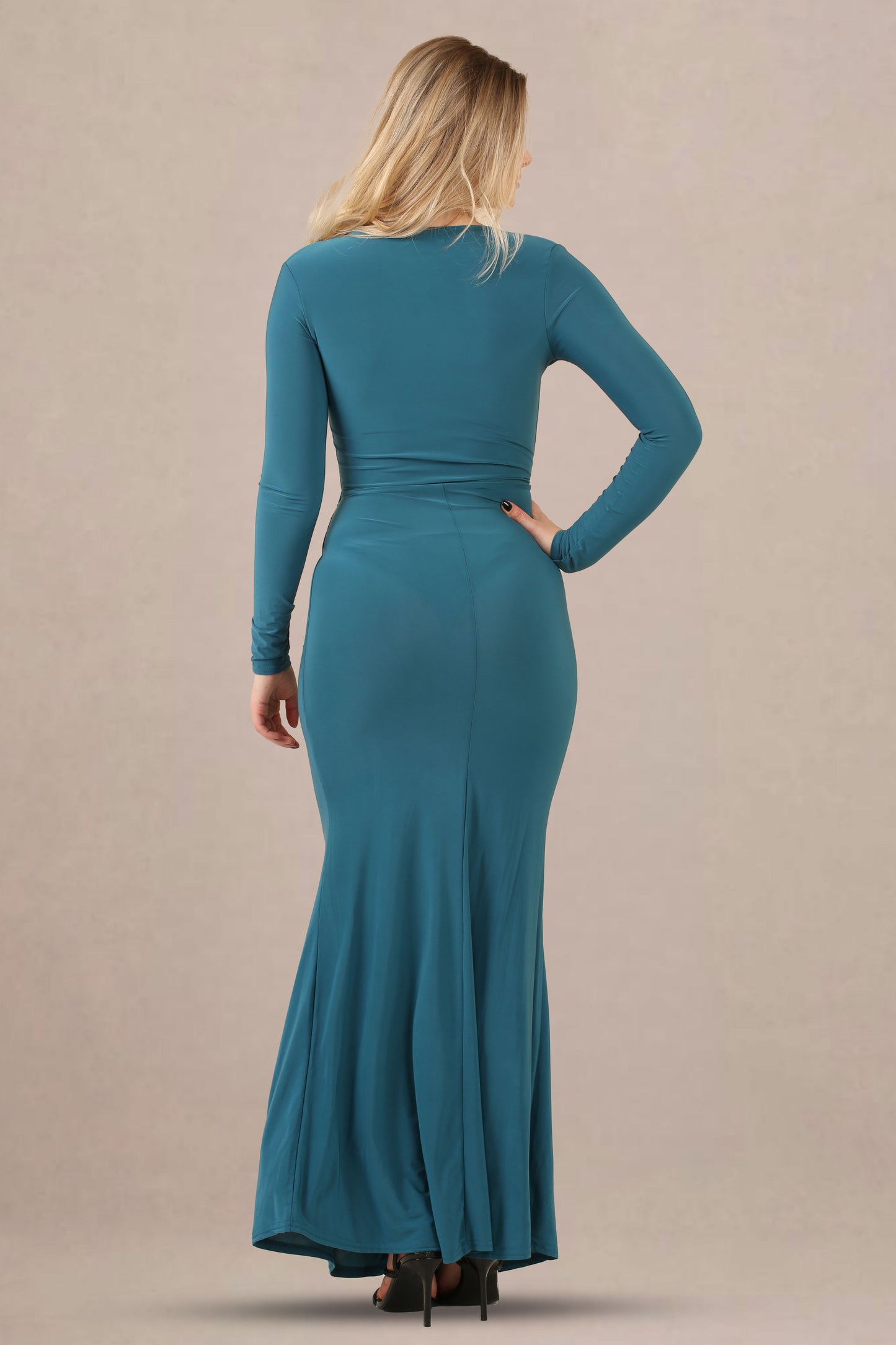 Avinci Blue Slinky Ruched Long Sleeve Maxi Dress