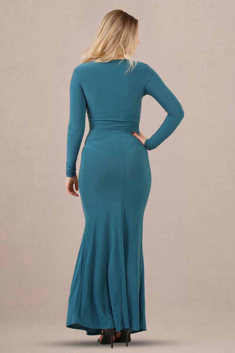 Avinci Blue Slinky Ruched Long Sleeve Maxi Dress - Maxi Dress - Avinci