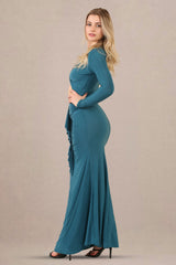 Avinci Blue Slinky Ruched Long Sleeve Maxi Dress - Maxi Dress - Avinci
