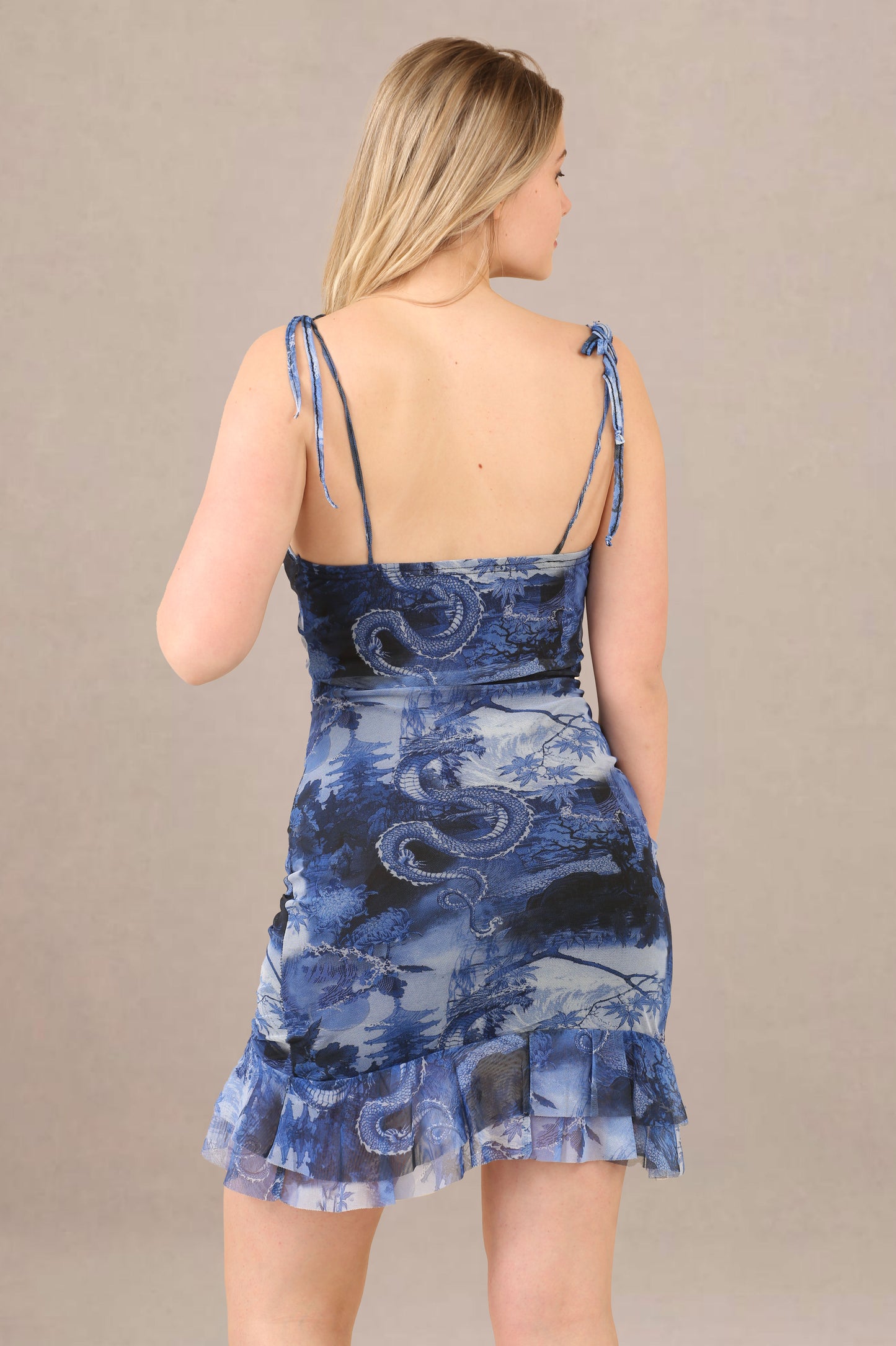 Avinci Blue Dragon Print Ruched Mesh Mini Dress