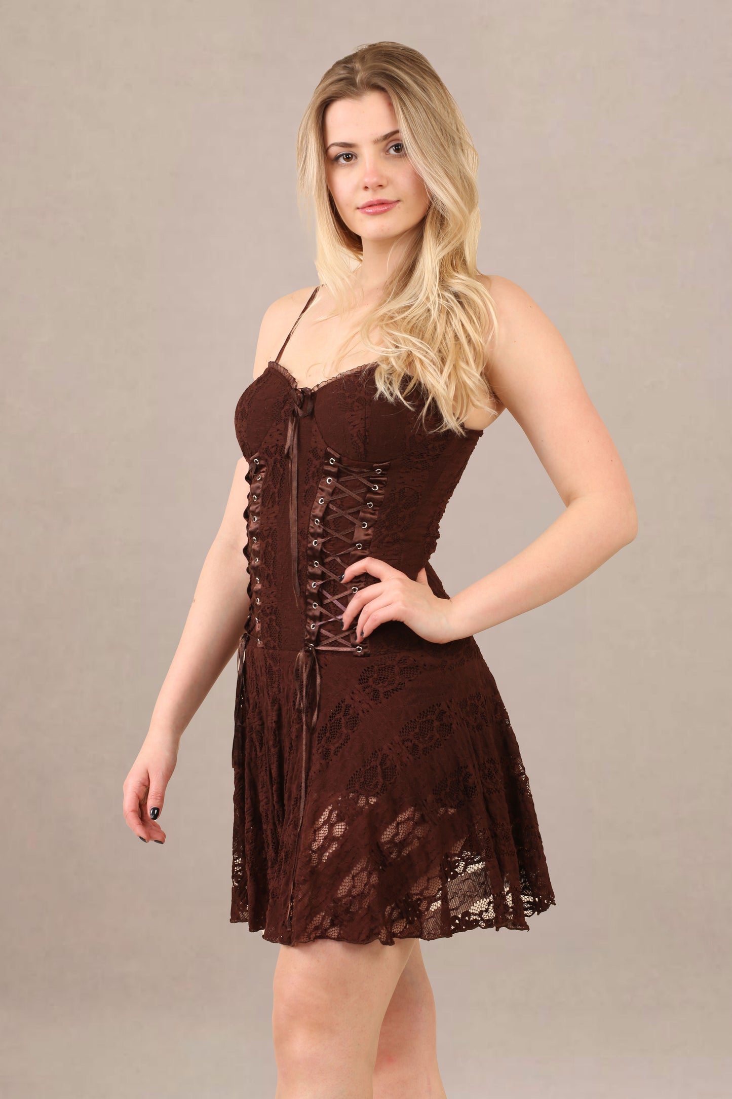 Avinci Chocolate Lace Corset Detail Mini Dress