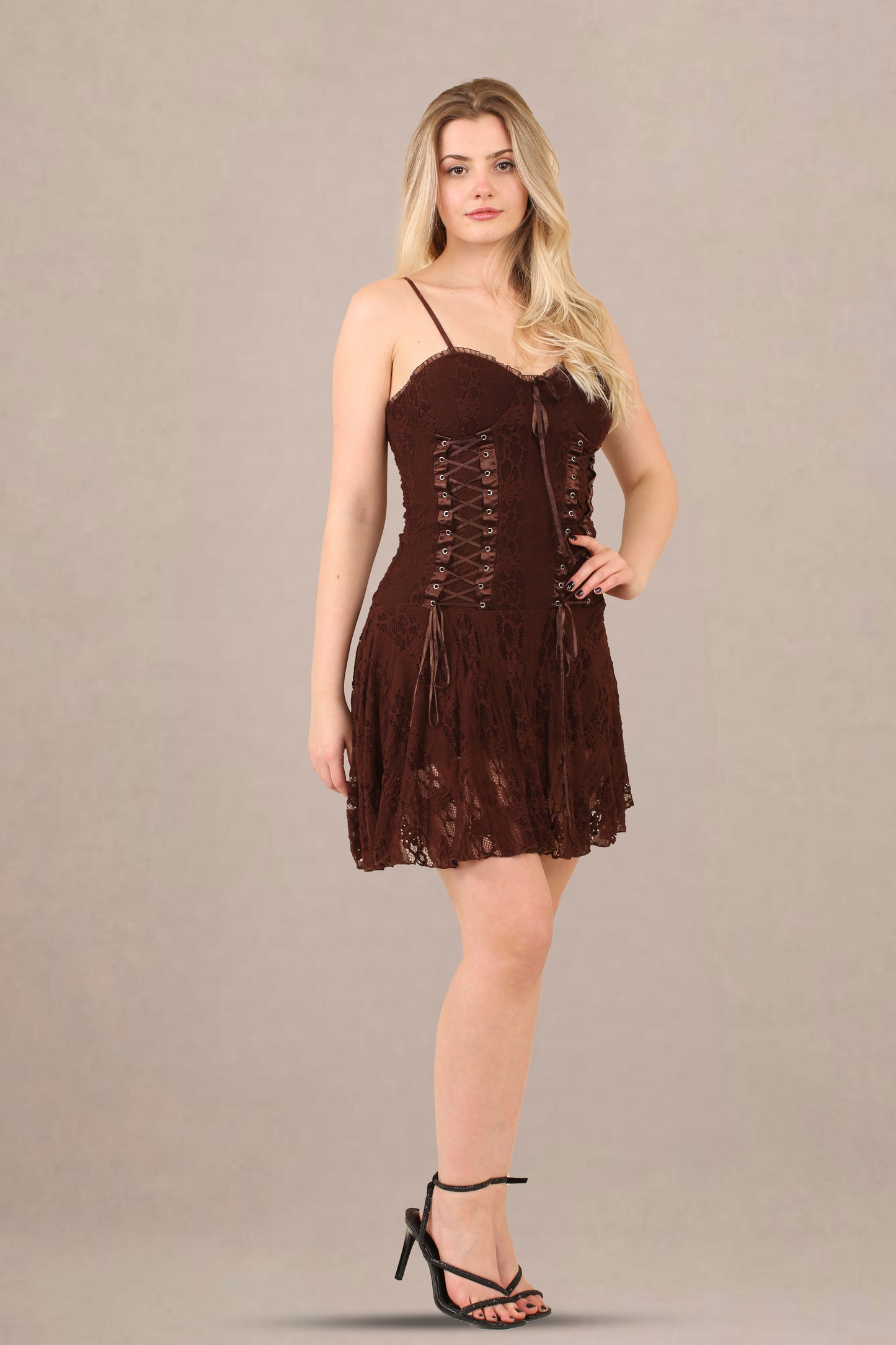 Avinci Chocolate Lace Corset Detail Mini Dress