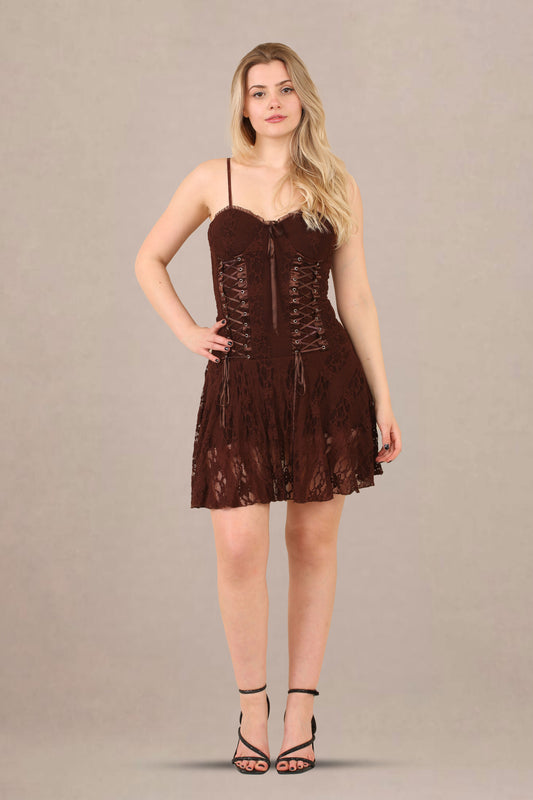 Avinci Chocolate Lace Corset Detail Mini Dress