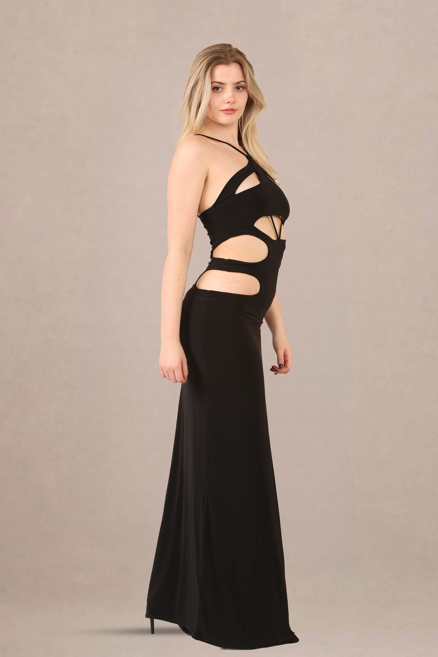 Black Slinky Maxi Dress with Side Cut-Outs and High Slit