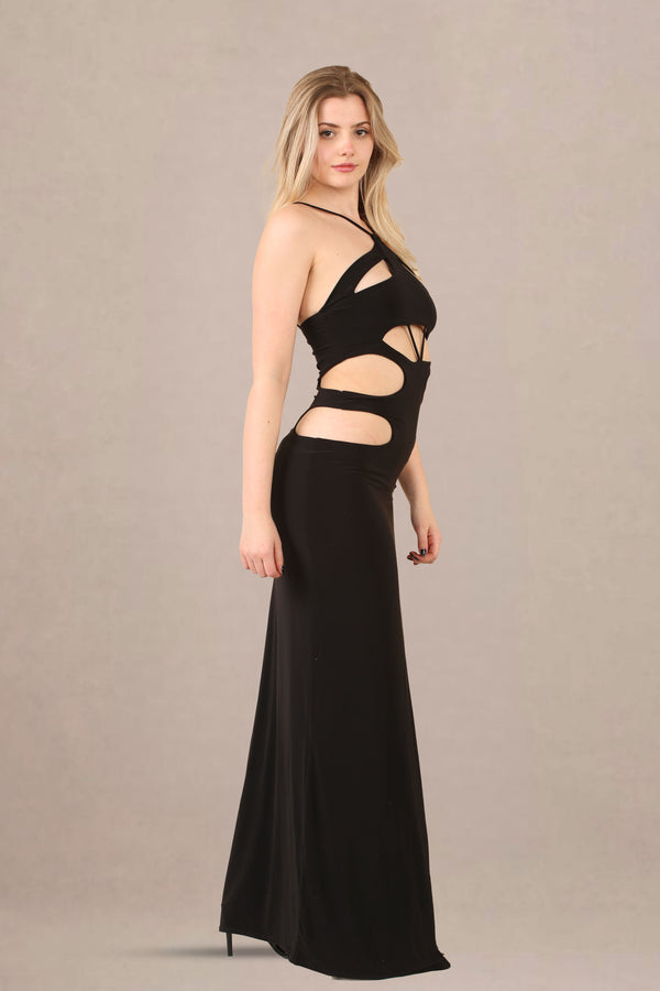 Black Slinky Maxi Dress with Side Cut-Outs and High Slit - Maxi Dress - Avinci