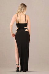 Black Slinky Maxi Dress with Side Cut-Outs and High Slit - Maxi Dress - Avinci