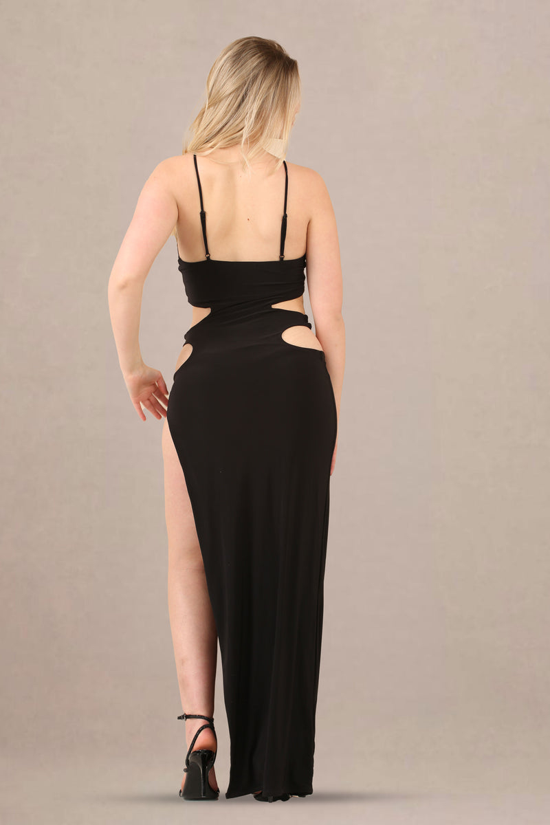 Black Slinky Maxi Dress with Side Cut-Outs and High Slit - Maxi Dress - Avinci