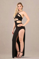 Black Slinky Maxi Dress with Side Cut-Outs and High Slit - Maxi Dress - Avinci