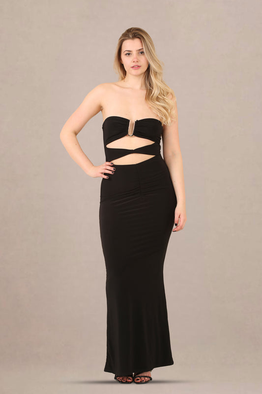 Classic Elegance: The Black Slinky Bandeau Maxi Dress