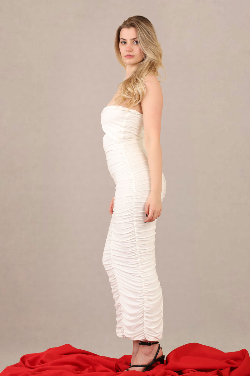 Ruched Bodycon Fit Slinky Bandeau Midi Dress