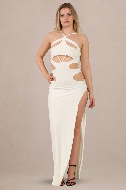 Avinci Cream Slinky Halter Neck Cut-Out Maxi Dress