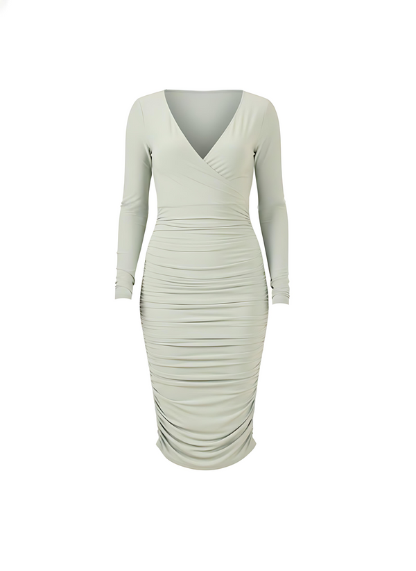 Sage Green Slinky Long Sleeve Ruched Wrap Midi Dress