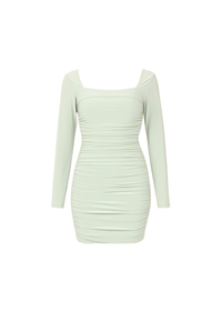 Sage Green Stretch Fit Square Neck Ruched Bodycon Party Style Mini Dress