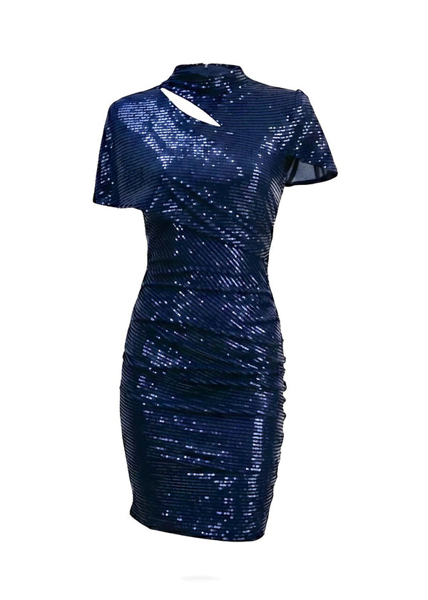 Navy Sequin Bodycon Asymmetric Sleeve Mini Dress