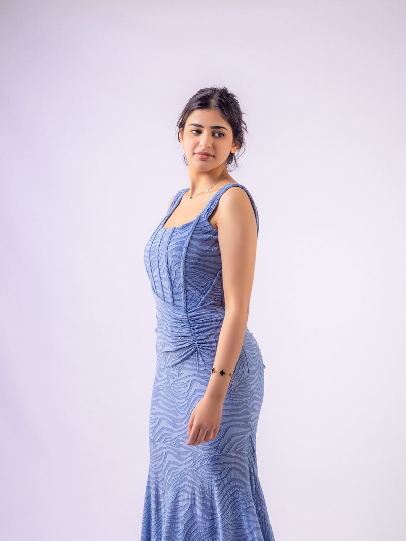 Sky Blue Mermaid Ruched Waist Sleeveless Flared Hi-Low Hem Dress