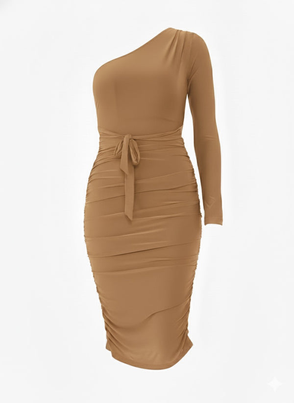 Stone Ruched Detailing One Shoulder Bodycon Midi Dress