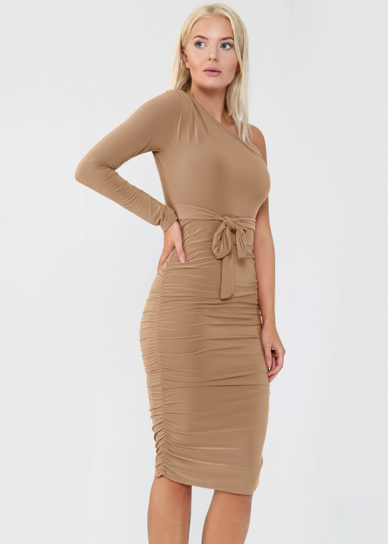 Stone Ruched Detailing One Shoulder Bodycon Midi Dress