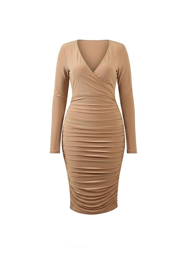 Stone Slinky Long Sleeve Ruched Wrap Midi Dress