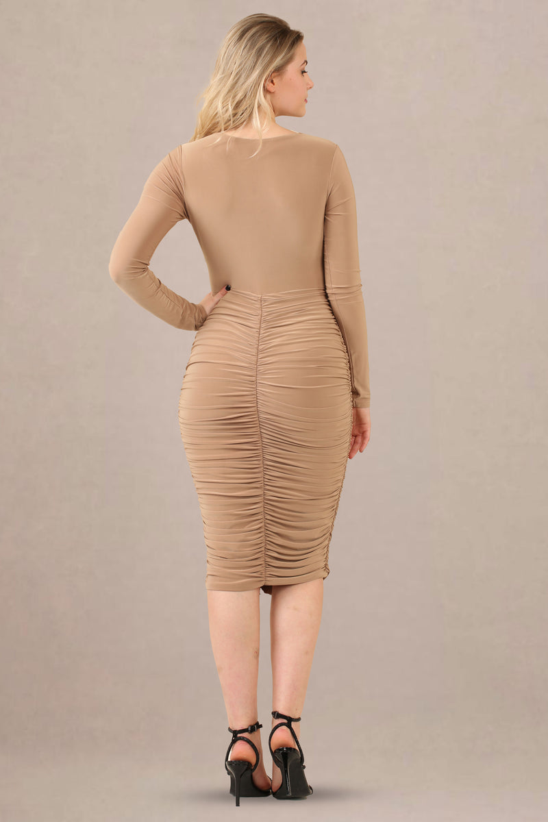 Slinky long sleeve ruched wrap midi dress back view beige