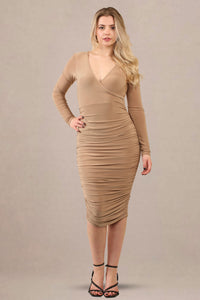Slinky long sleeve ruched wrap midi dress front view beige color