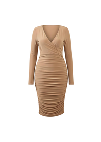 Stone Slinky Long Sleeve Ruched Wrap Midi Dress
