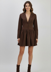 Brown Tailored Long Sleeve V-Neck Blazer Dress