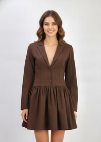 Brown Tailored Long Sleeve V-Neck Blazer Dress