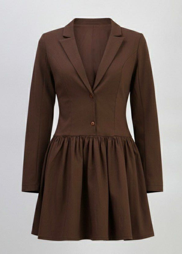 Brown Tailored Long Sleeve V-Neck Blazer Dress