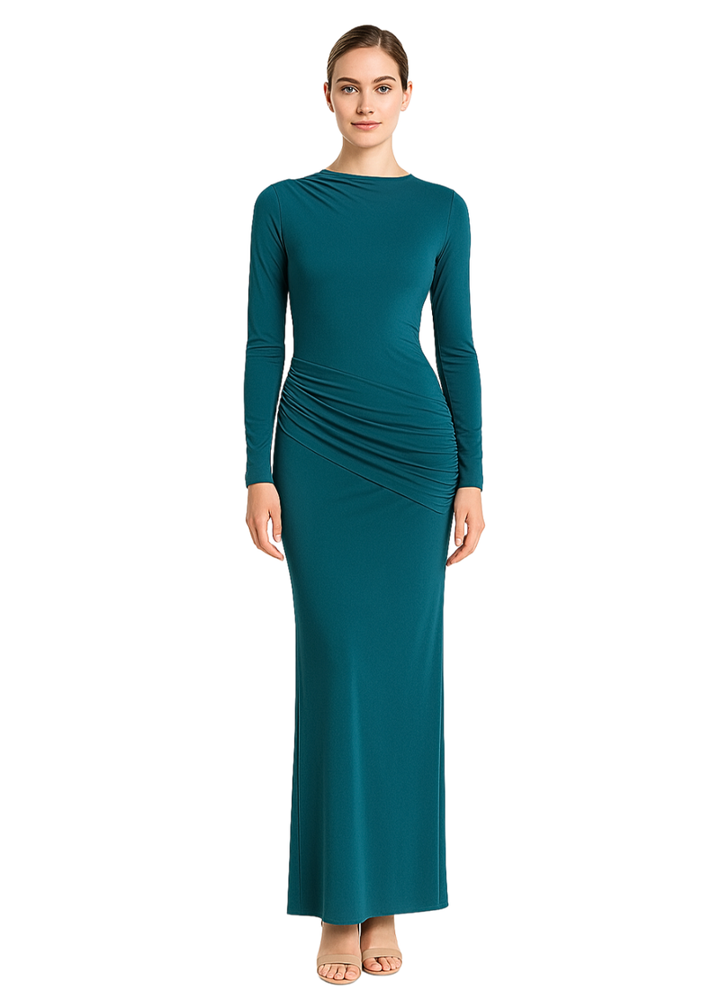 Teal Side Ruching Bodycon Full-Sleeve Jersey Evening Gown