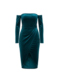 Teal Velvet Off Shoulder Velvet Bodycon Midi Dress
