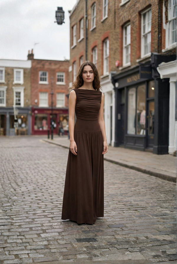 Brown Draped Bodice Jersey Flowy Skirt Style Evening Dress