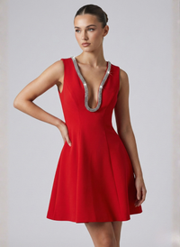 Red Embellished Deep V-Neck Flare Dress – Luxe Mini Edition
