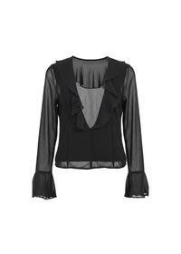 Black Ruffle Deep V Long Sleeve Chiffon Blouse