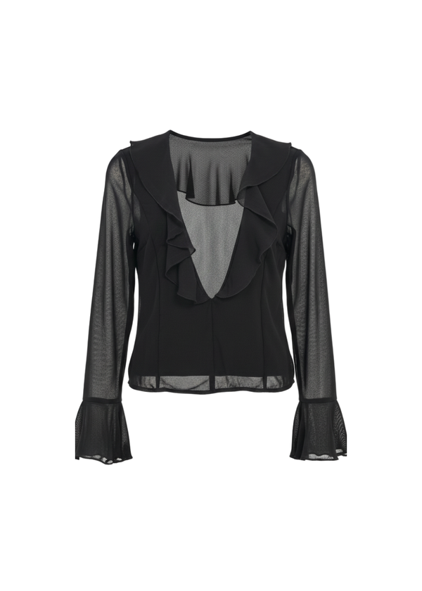 Black Ruffle Deep V Long Sleeve Chiffon Blouse