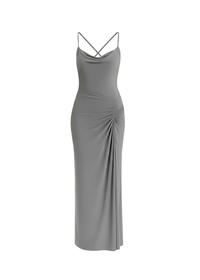 Grey Cowl Neckline Figure-Flattering Spaghetti Strap Dress