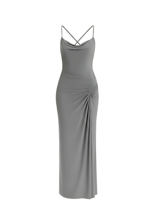 Grey Cowl Neckline Figure-Flattering Spaghetti Strap Dress